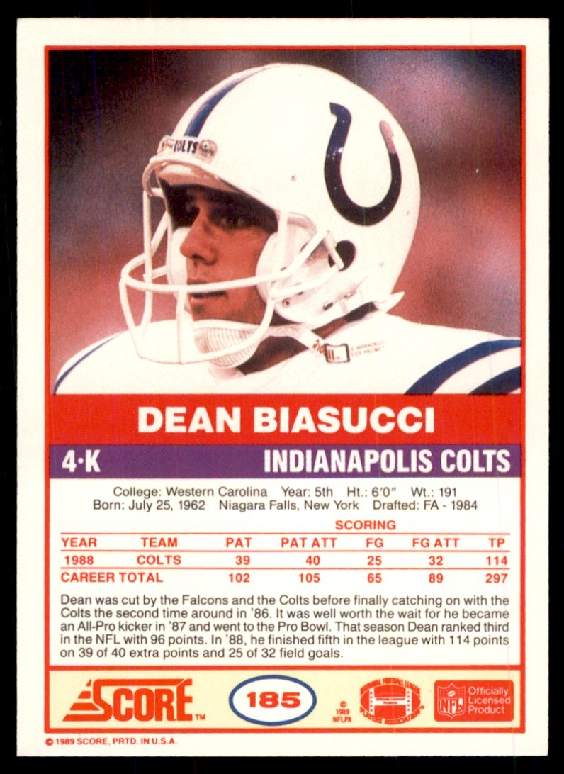 1989 SCORE DEAN BIASUCCI . INDIANAPOLIS COLTS #185