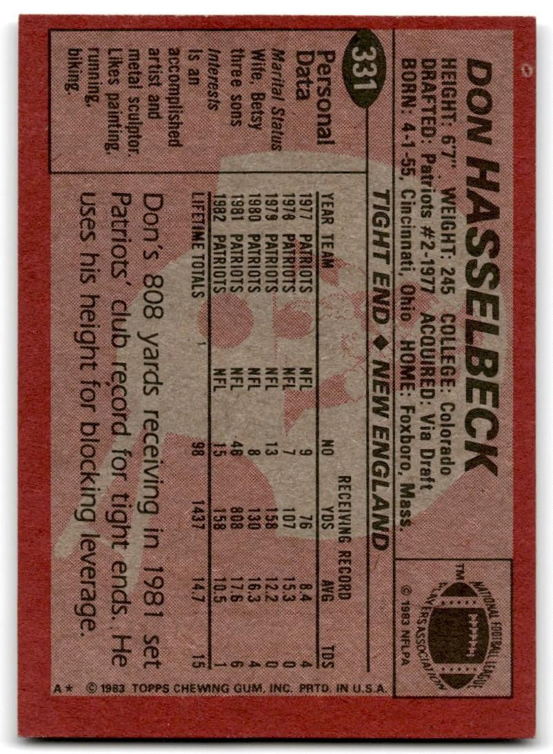 1983 Topps Don Hasselbeck Football Card #331
