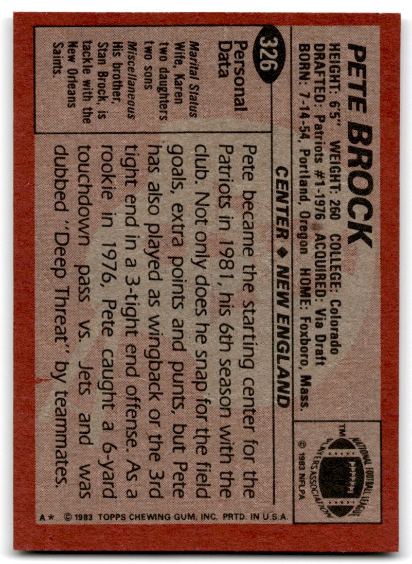 1983 Topps Pete Brock Rookie a Football Card #326