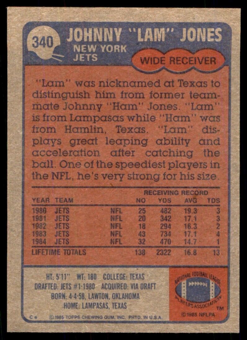 1985 TOPPS JOHNNY LAM JONES/LEONARD THOMPSON . NEW YORK JETS #340