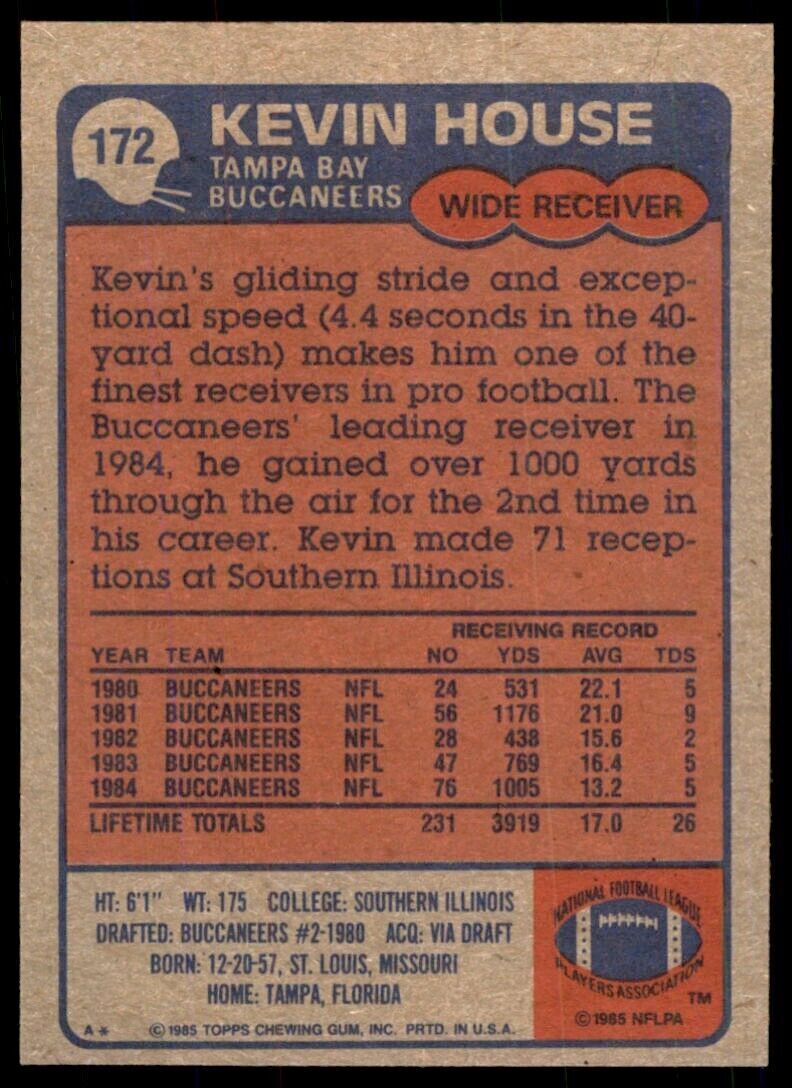 1985 TOPPS KEVIN HOUSE . TAMPA BAY BUCCANEERS #172