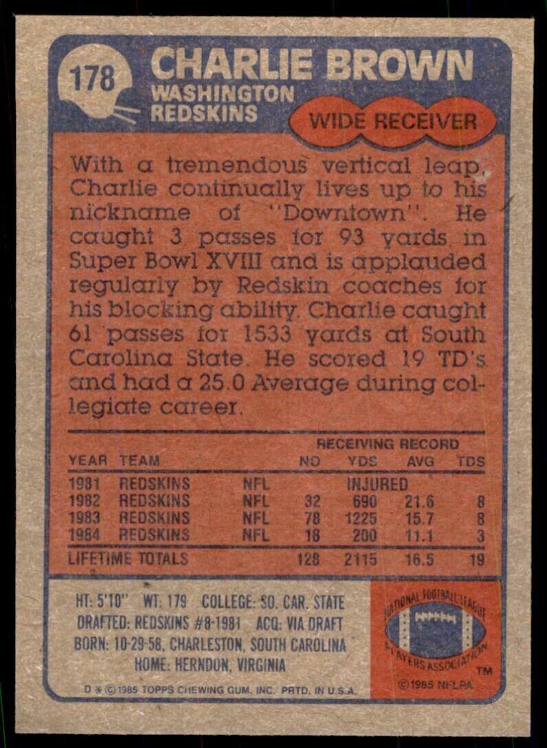 1985 TOPPS. CHARLIE BROWN . WASHINGTON REDSKINS #178
