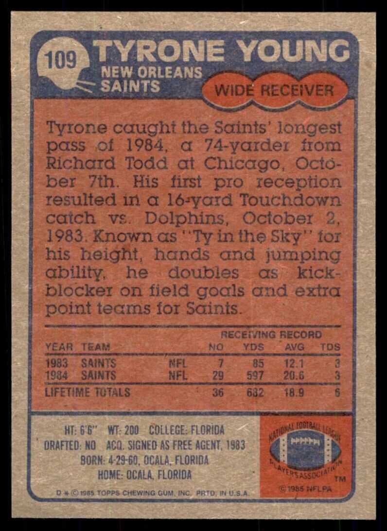 1985 Topps Tyrone Young . New Orleans Saints #109
