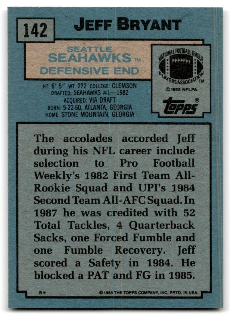 1988 Topps Jeff Bryant Football Cards #142