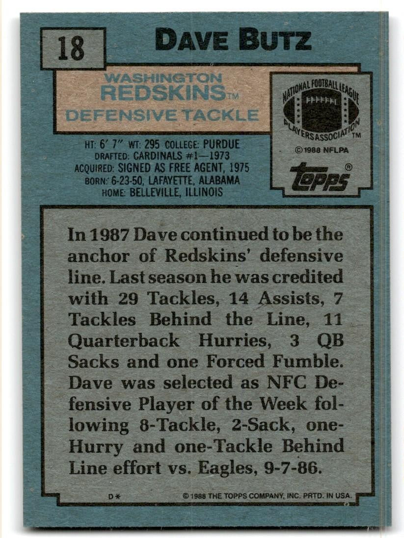 1988 Topps Dave Butz Football Cards #18