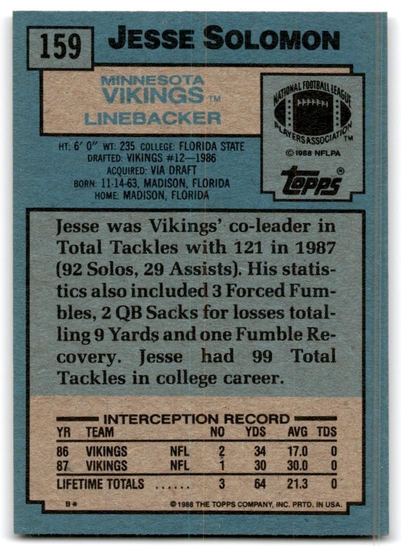 1988 Topps Jesse Solomon Football Cards #159