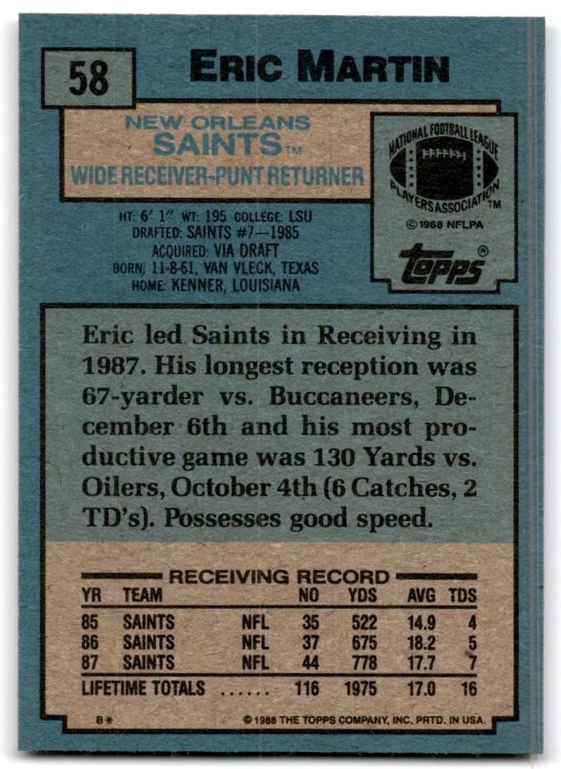 1988 Topps Eric Martin Football Cards #58