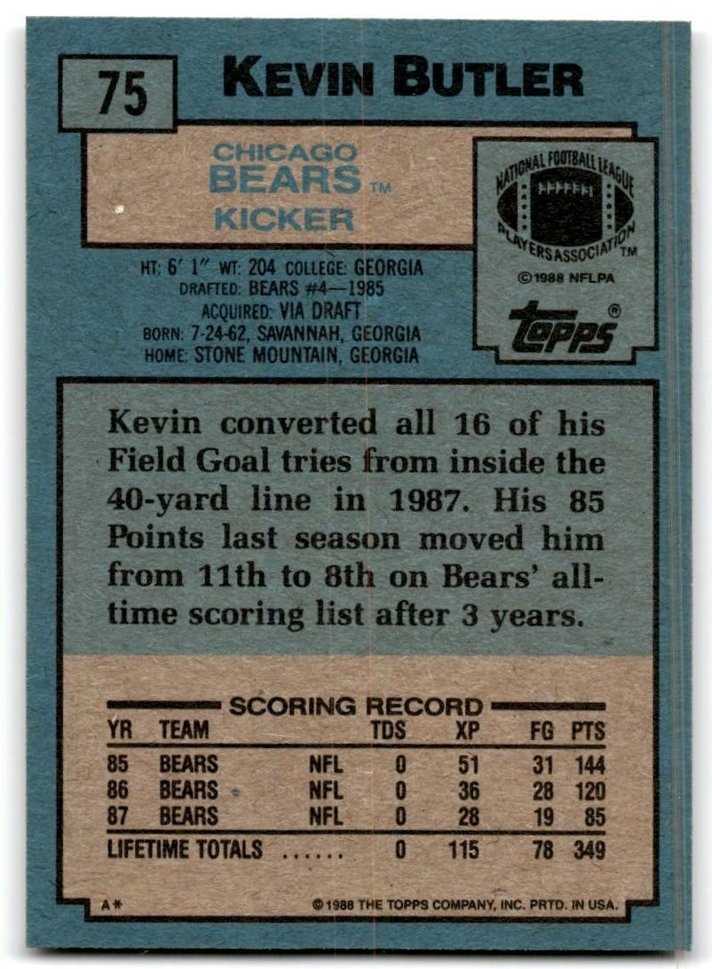 1988 Topps Kevin Butler Football Cards #75