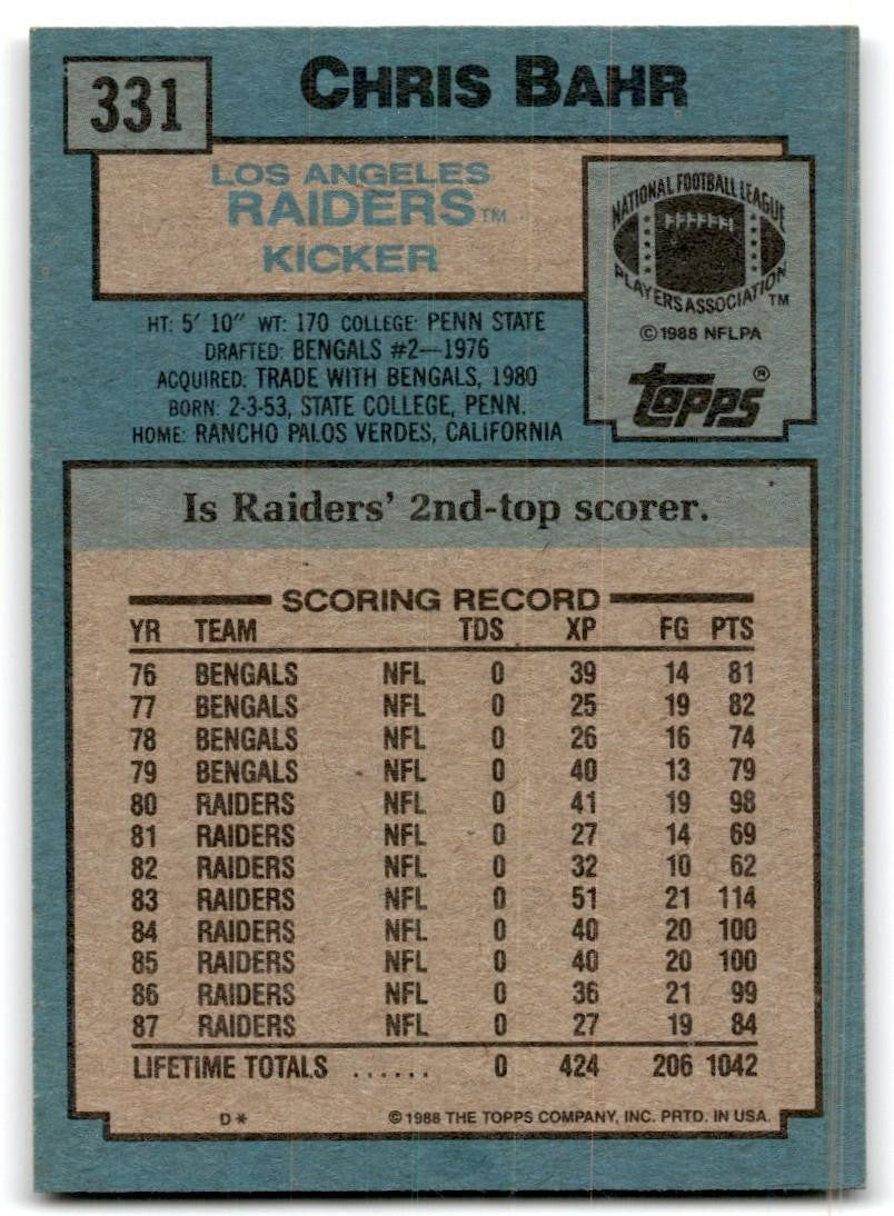 1988 Topps Chris Bahr Football Cards #331