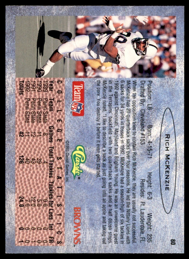 1993 Classic Rich McKenzie . Cleveland Browns #80