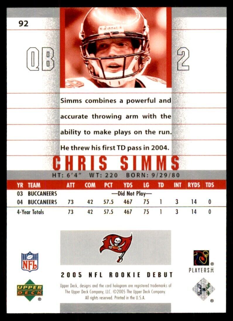 2005 UPPER DECK CHRIS SIMMS . TAMPA BAY BUCCANEERS #92