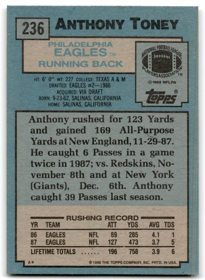 1988 Topps Anthony Toney Football Cards #236