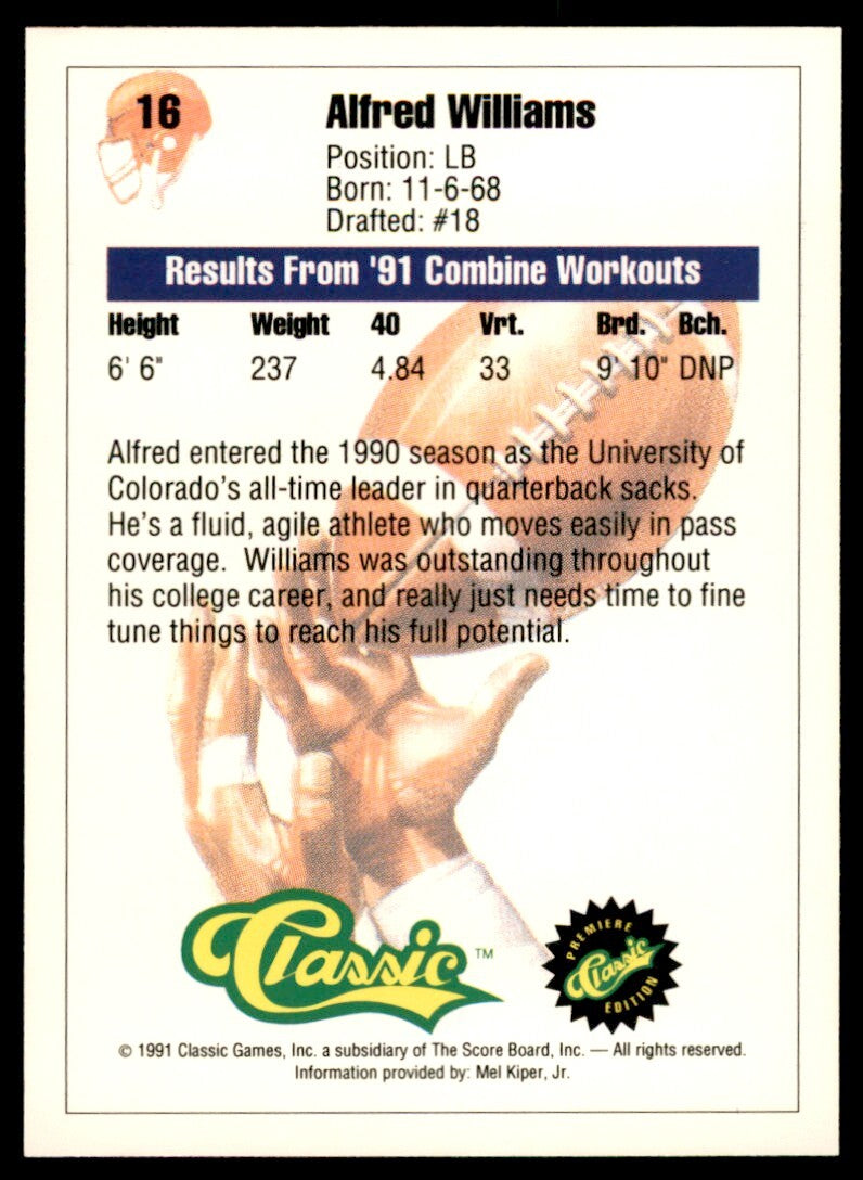 1991 Classic Draft Picks Alfred Williams . Colorado Buffaloes #16
