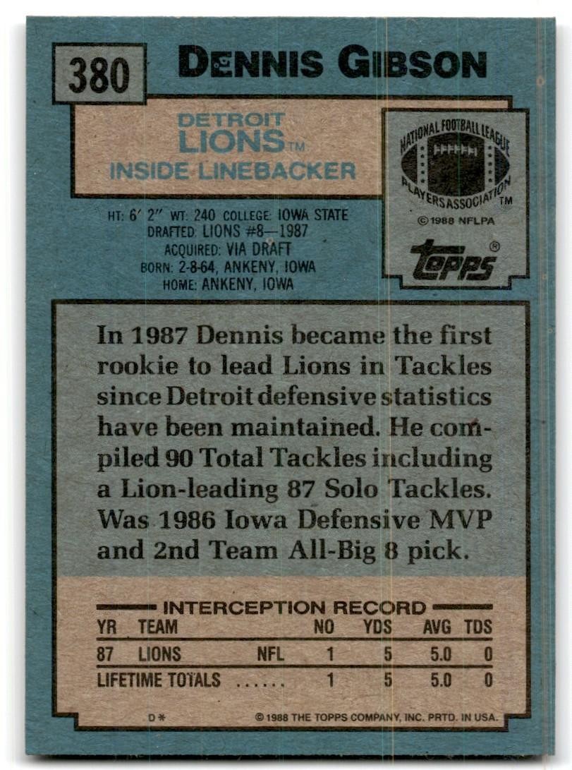 1988 Topps Dennis Gibson Rookie Football Cards #380