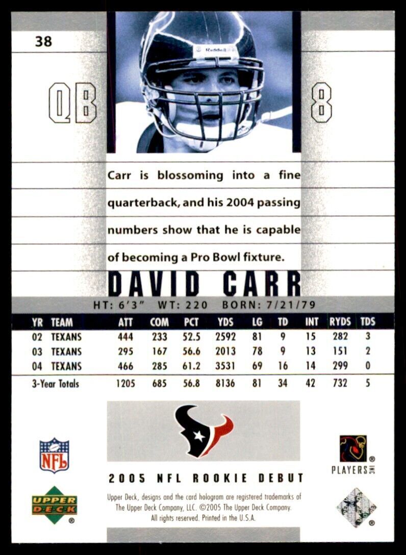 2005 Upper Deck David Carr .  Houston Texans #38