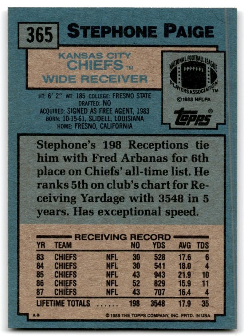 1988 Topps Stephone Paige Football Cards #365