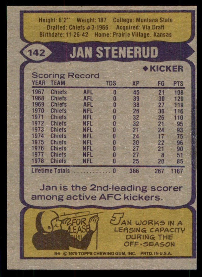 1979 TOPPS.. JAN STENERUD . KANSAS CITY CHIEFS #142