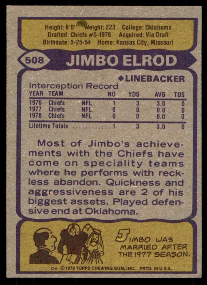 1979 TOPPS.. JIMBO ELROD . KANSAS CITY CHIEFS. #508