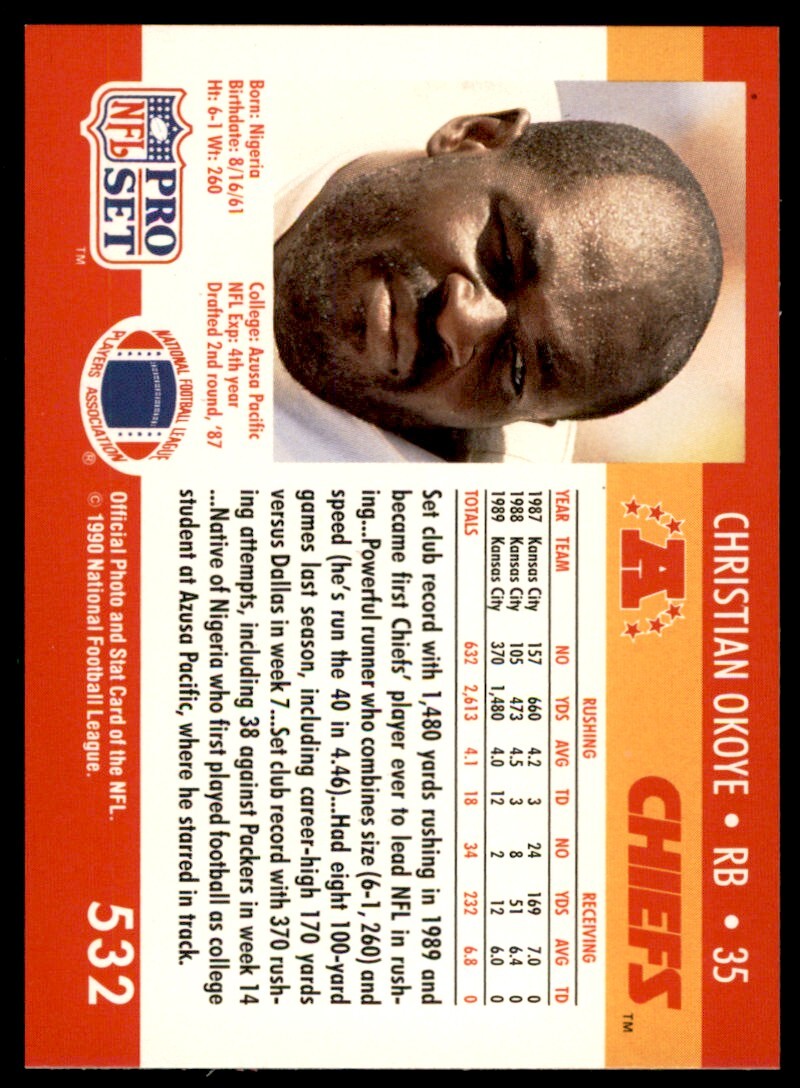 1990 Pro Set Christian Okoye Kansas City Chiefs #532