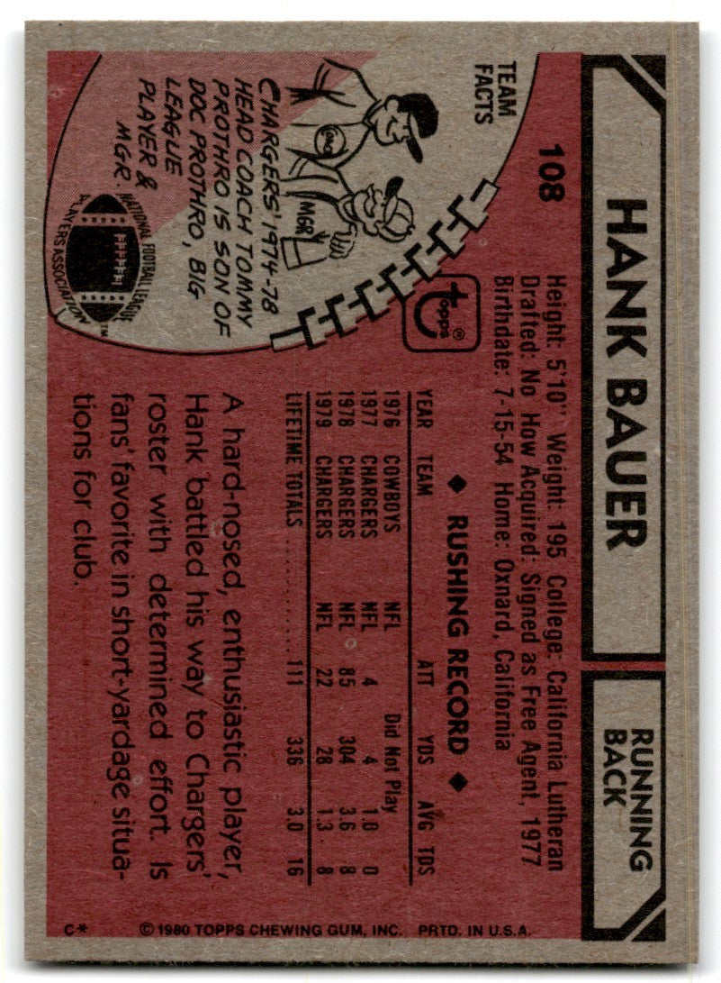 1980 Topps Hank Bauer Football Cards #108