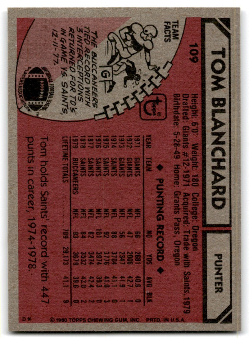 1980 Topps Tom Blanchard Football Cards #109