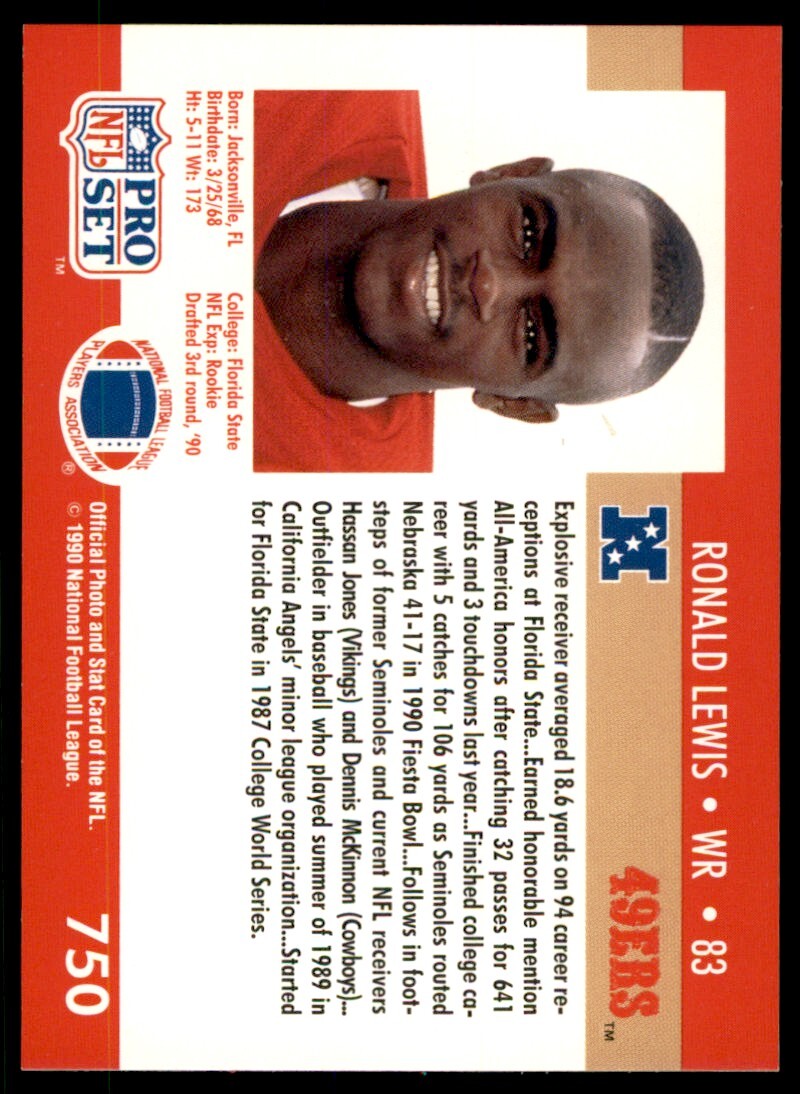 1990 Pro Set Ronald Lewis Rookie San Francisco 49ers #750