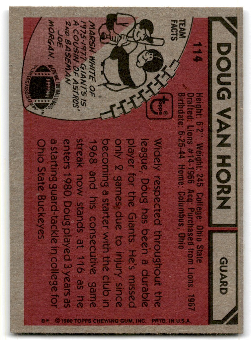 1980 Topps Doug Van Horn Football Cards #114