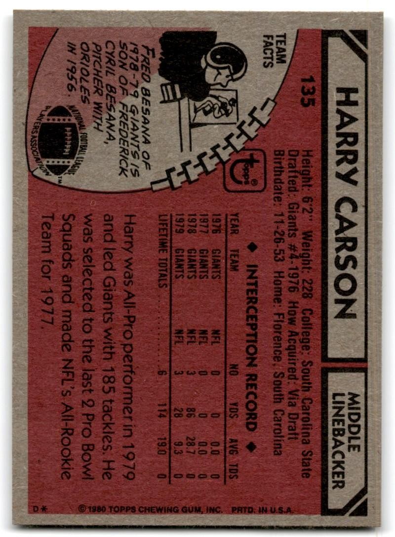 1980 Topps Harry Carson Football Cards #135