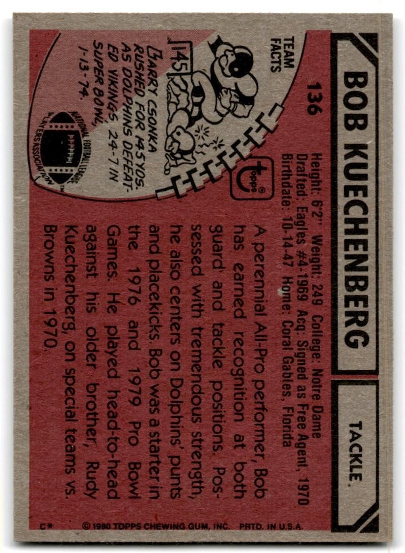 1980 Topps Bob Kuechenberg Football Cards #136