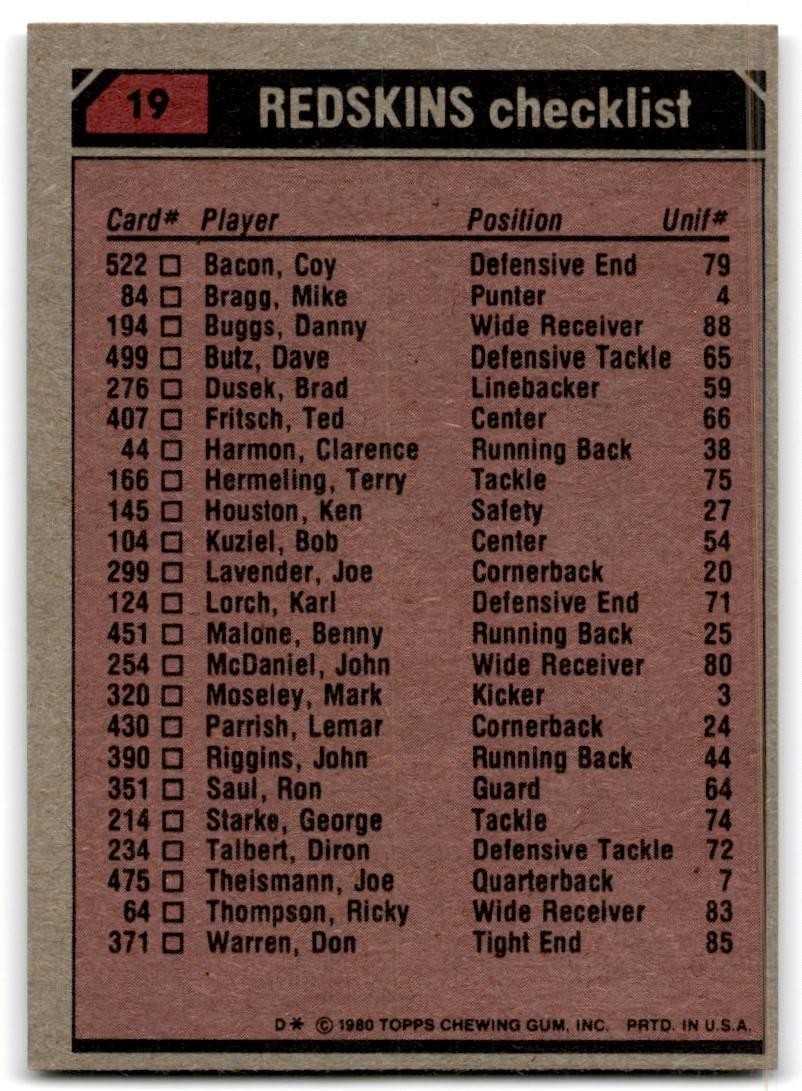 1980 Topps John Riggins/Danny Buggs/Joe Lavender/Coy Bacon Football Cards #19