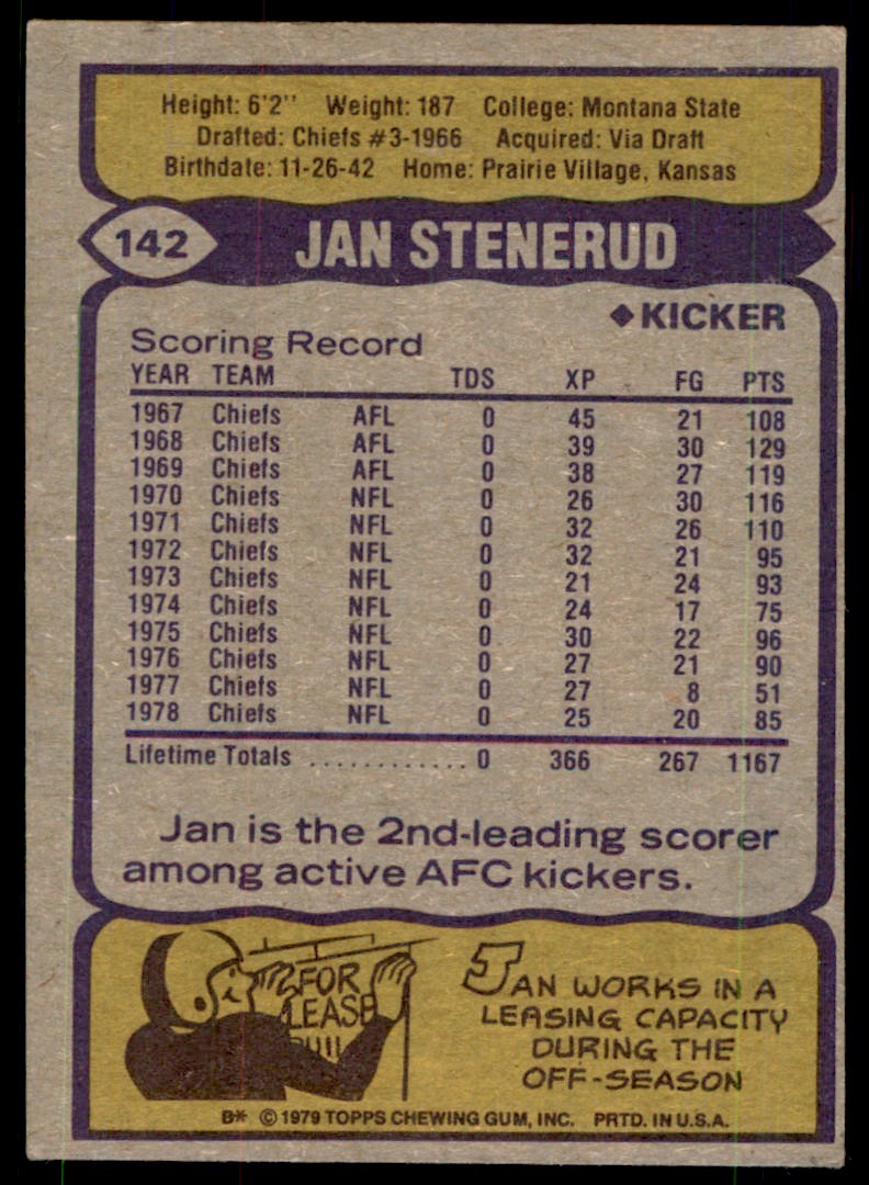 1979 TOPPS, JAN STENERUD . KANSAS CITY CHIEFS #142
