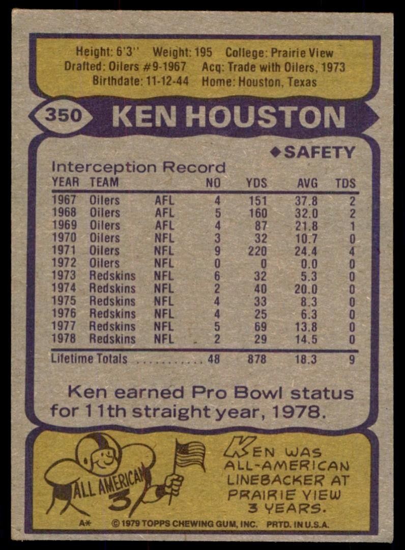 1979 TOPPS, KEN HOUSTON . WASHINGTON REDSKINS #350