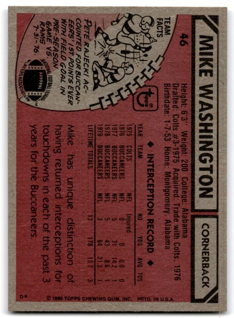 1980 Topps Mike Washington Football Cards #46