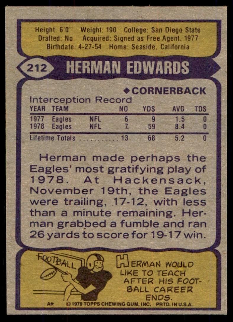 1979 TOPPS, HERMAN EDWARDS. . PHILADELPHIA EAGLES. #212