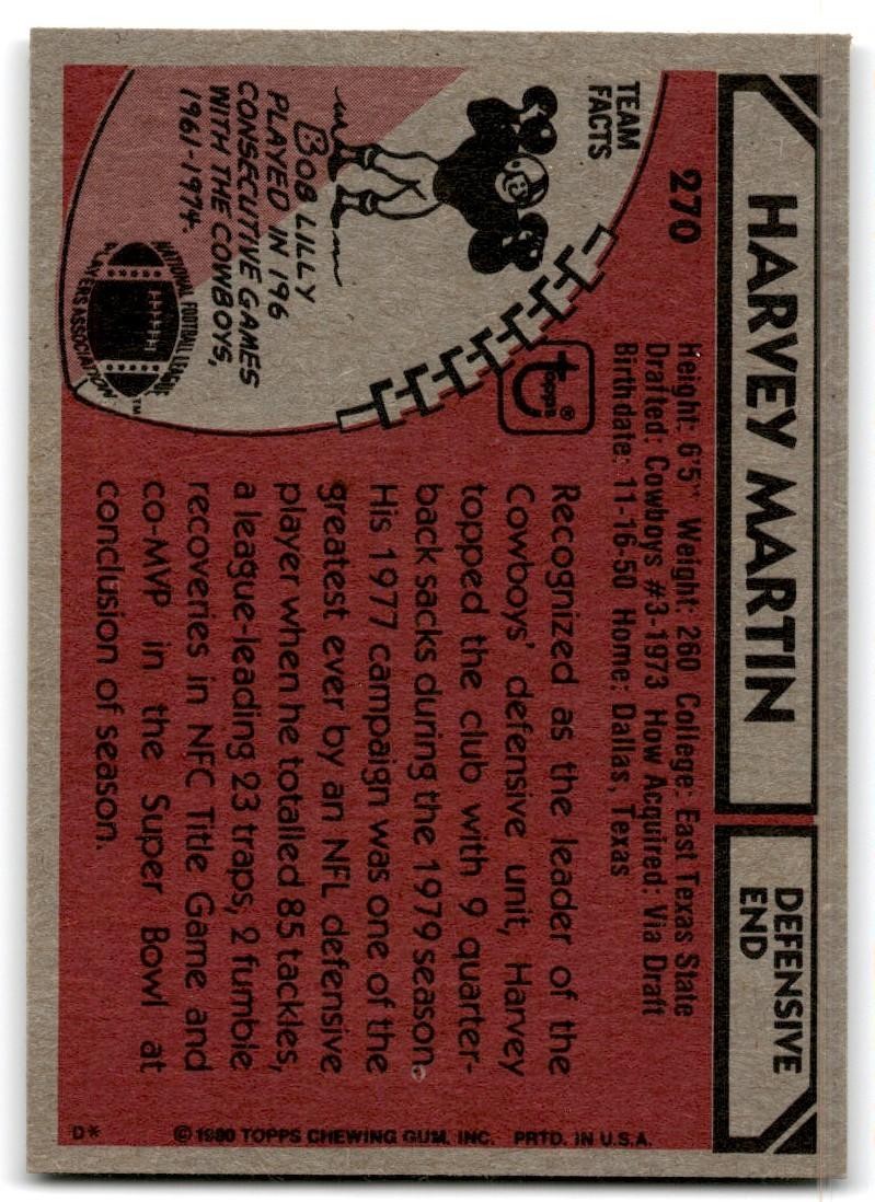 1980 Topps Harvey Martin Football Cards #270