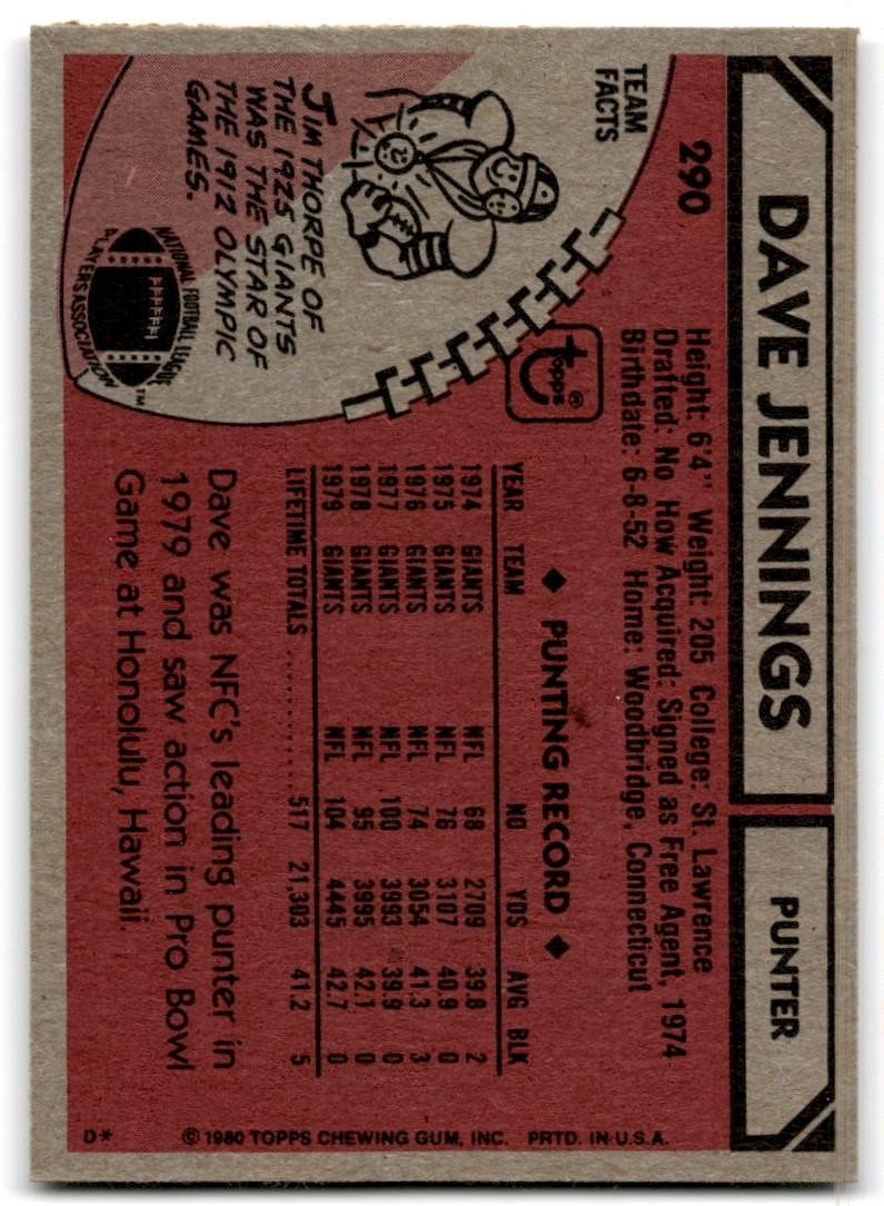 1980 Topps Dave Jennings Football Cards #290