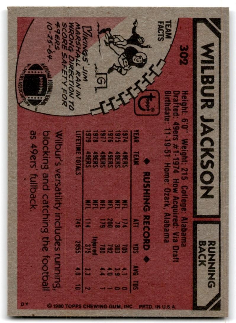 1980 Topps Wilbur Jackson Football Cards #302