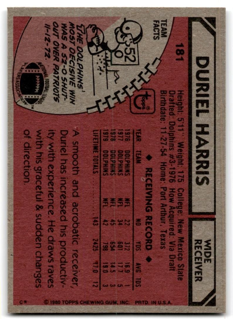 1980 Topps Duriel Harris Football Cards #181