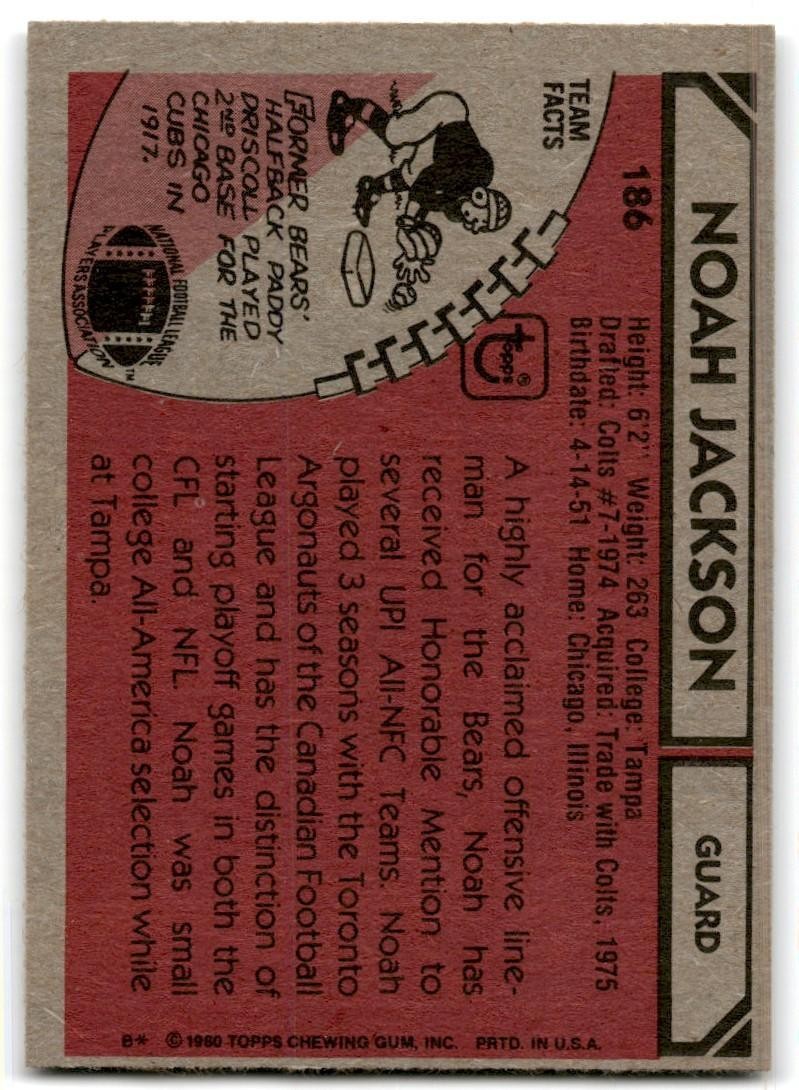 1980 Topps Noah Jackson Football Cards #186
