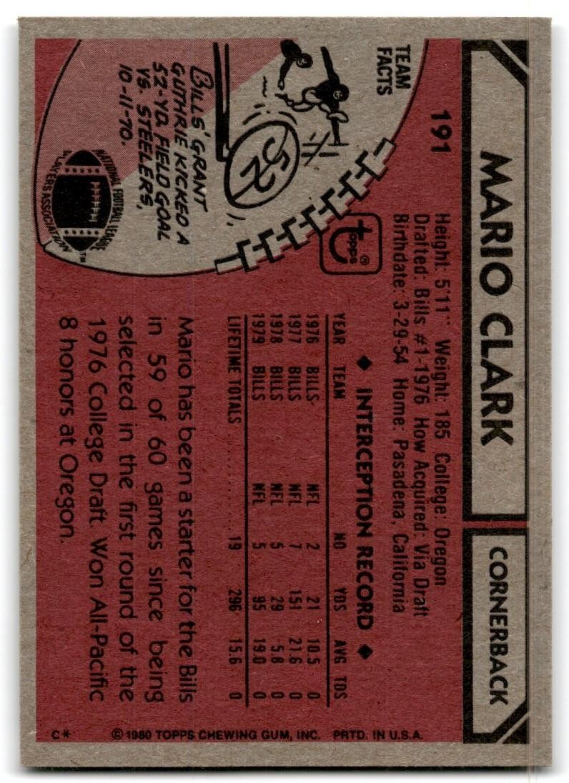 1980 Topps Mario Clark Football Cards #191
