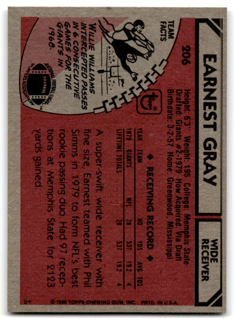 1980 Topps Earnest Gray Football Cards #206