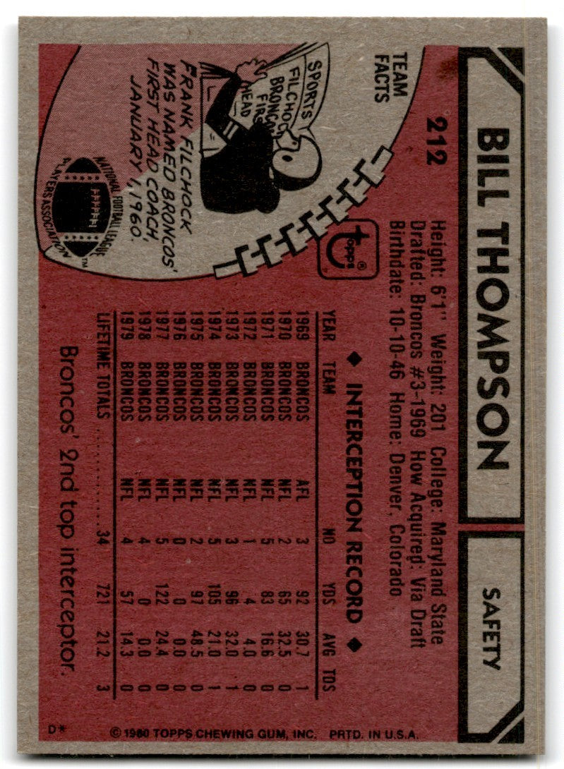 1980 Topps Bill Thompson Football Cards #212