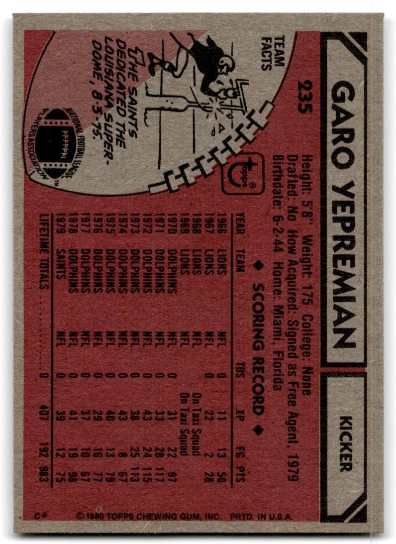 1980 Topps Garo Yepremian Football Cards #235