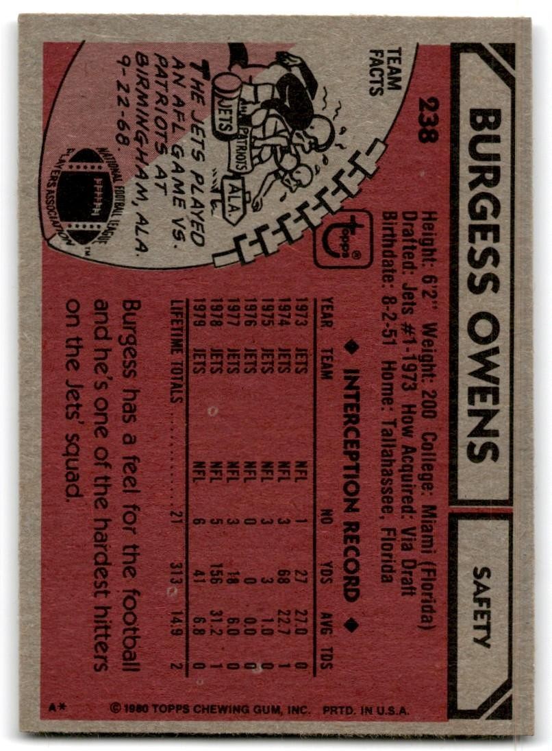 1980 Topps Burgess Owens Football Cards #238