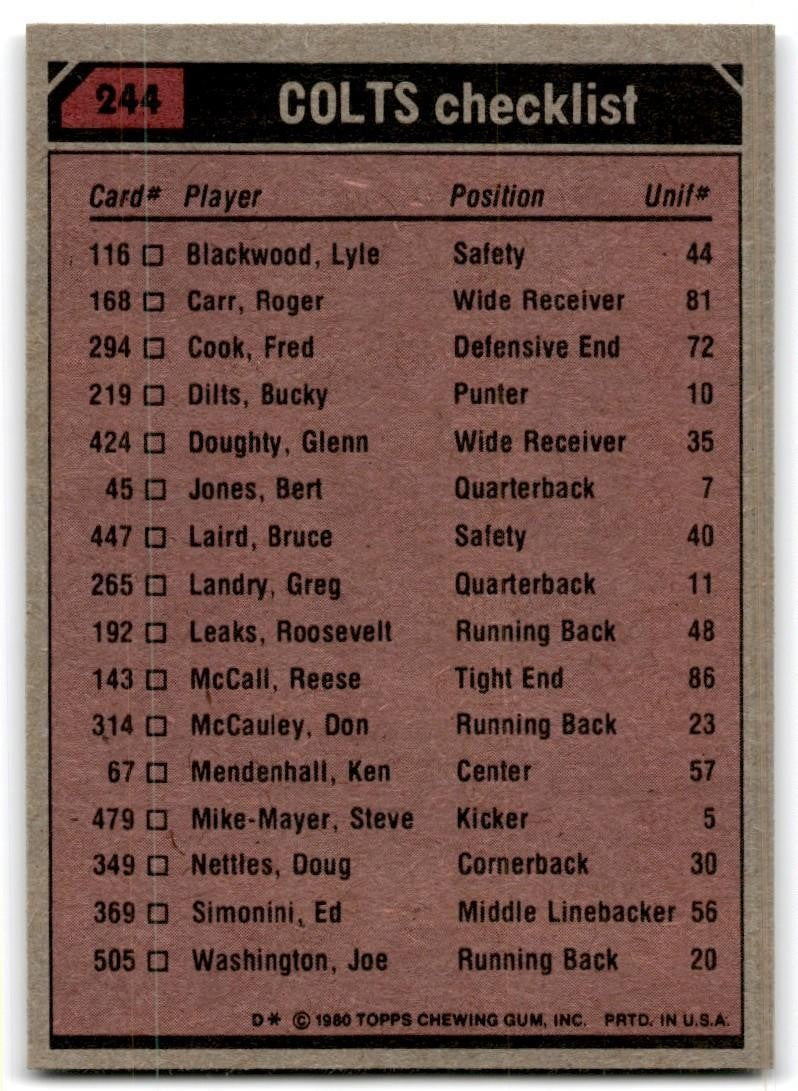 1980 Topps Joe Washington/Fred Cook Football Cards #244