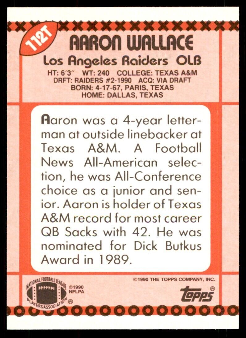1990 TOPPS TRADED AARON WALLACE ROOKIE . LOS ANGELES RAIDERS #112T