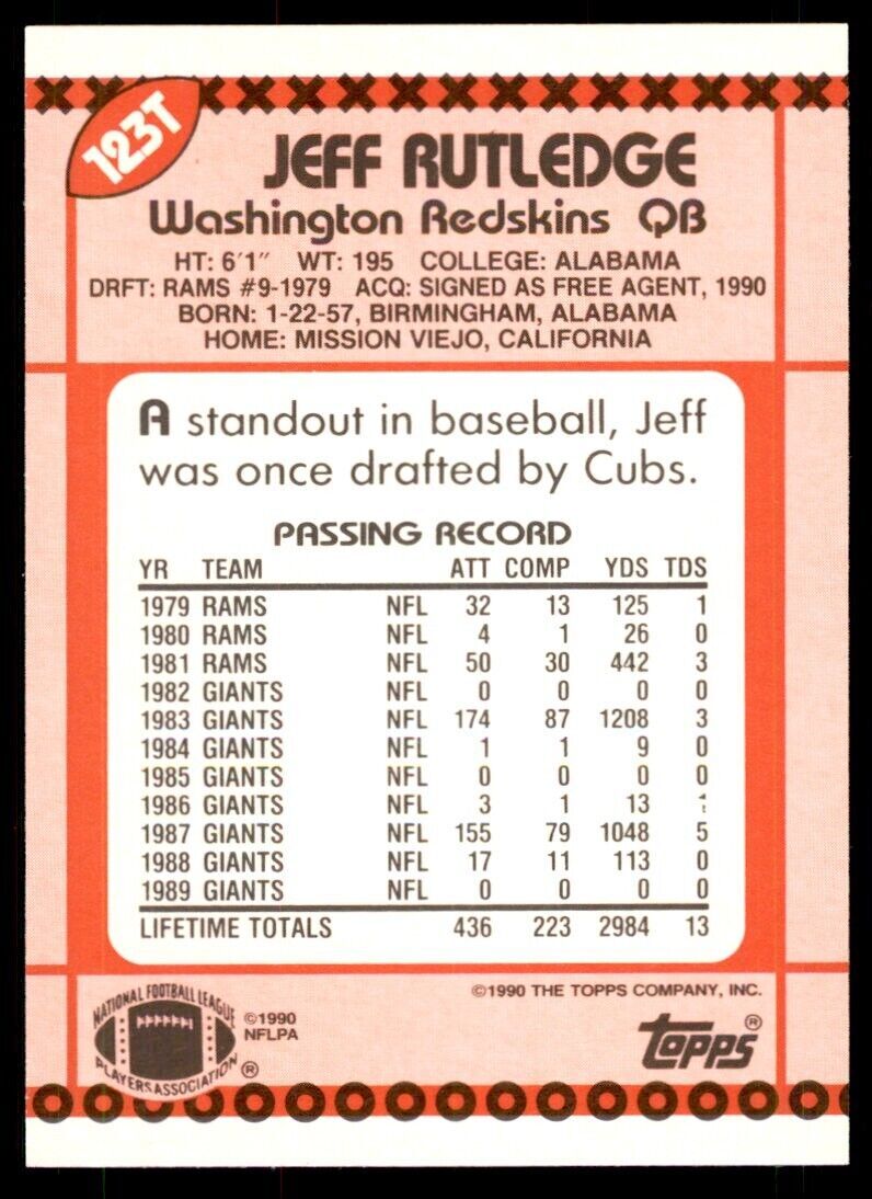 1990 TOPPS TRADED JEFF RUTLEDGE . WASHINGTON REDSKINS #123T