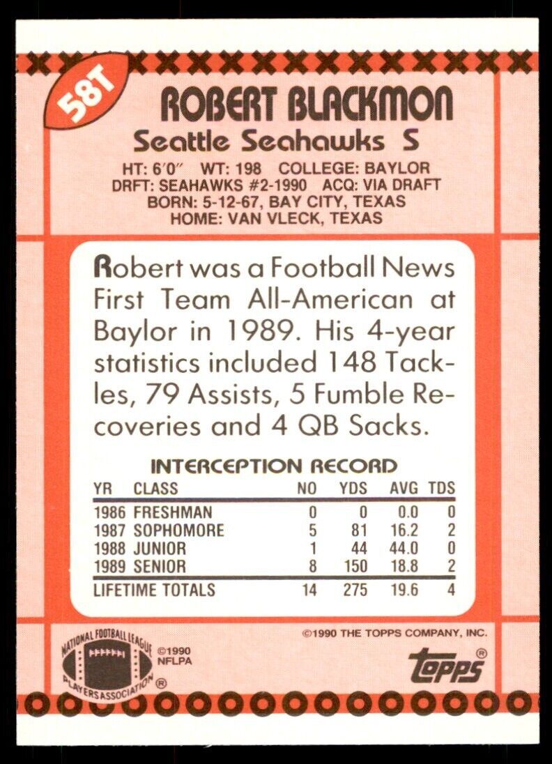 1990 TOPPS TRADED ROBERT BLACKMON ROOKIE . SEATTLE SEAHAWKS #58T