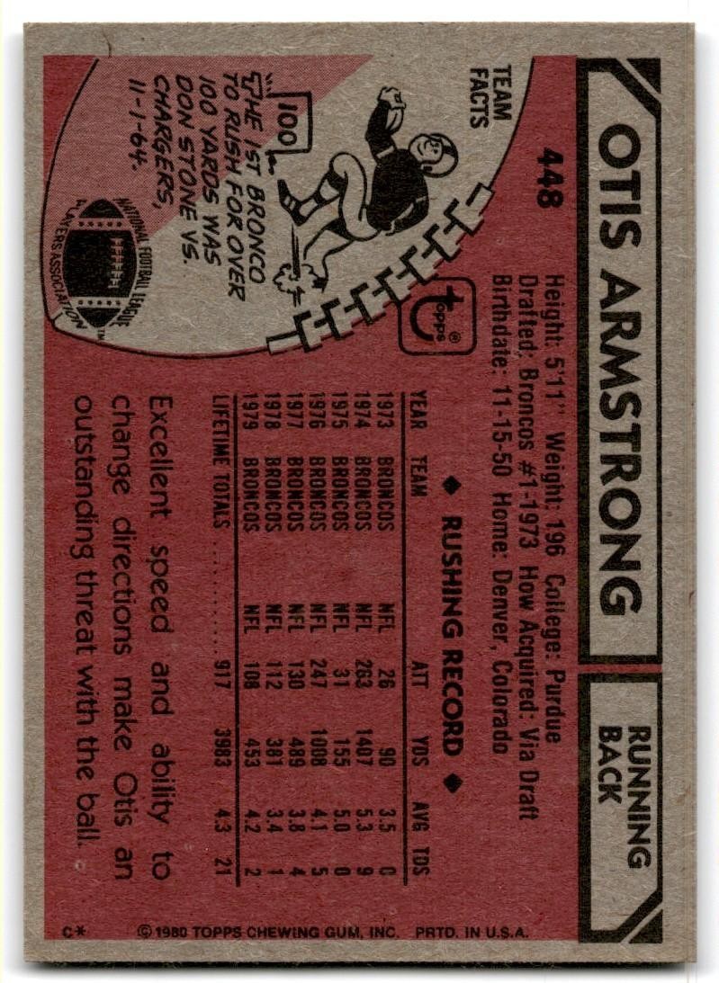 1980 Topps Otis Armstrong Football Cards #448