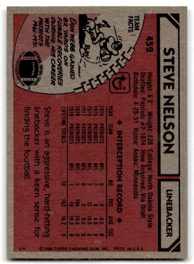 1980 Topps Steve Nelson Football Cards #452